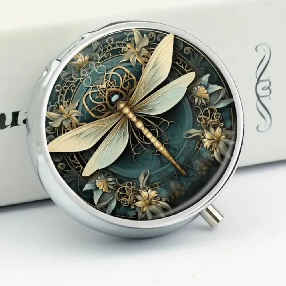Teal Gold Dragonfly Pill Box Mirror 3 Compartment Travel Case